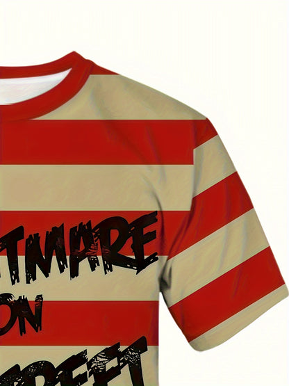 Men's Oversized 3D 'Nightmare on Elm Street' Graphic T-Shirt - Bold Red & White Stripes with Black Text, Stylish & Comfortable Polyester Blend, Summer Casual Tee for Outdoor Activities, BIG SIZE, PLUS SIZE