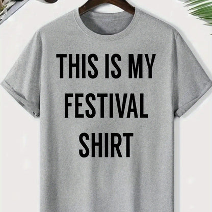 Men's "This Is My Festival Shirt" Graphic Tee - Gray Casual Crew Neck Short Sleeve T-Shirt, Lightweight & Breathable Polyester Blend, Perfect for Summer Festivals & Casual Attire