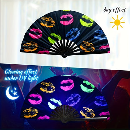 13 - Inch Reactive Bamboo Folding Fan with Vibrant Lip Print Design - Glow in The Dark Party Accessory for EDM, Dance Festivals, Club Events and Women'S Fashion, Nightlife Gear, Tropical Vibe Accessory