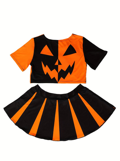 Pair of Funny Pumpkin Face Costume Women'S Sexy Lingerie Contrast Color Round Neck Short Sleeve Top Dress Set
