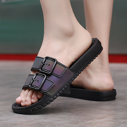 Unisex Fashion Slide Sandals | Adjustable Buckle Straps | Reflective Rainbow Holographic Design | Ultra-Fine Microfiber & EVA Sole | Non-Slip, Durable | Versatile Indoor/Outdoor Use, Strappy Sandals