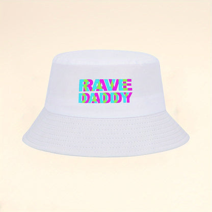 Vibrant Neon Rave "RAVE DADDY" Bucket Hat - Black with Colorful Lettering, Wide Brim for Summer Sun Protection, Foldable & Lightweight, Perfect for Beach, Hiking, Travel - Stylish Outdoor Cap, Beach Hat