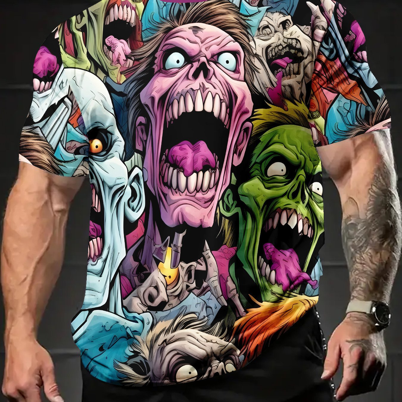 [Halloween Horror Movie Parties] Men's Zombie T-Shirt - Vivid Pink, Green, Blue, Black, Purple Horror Graphic Tee - Breathable Crew Neck Shirt for Halloween, Horror Movie Parties - Machine Washable Zombie Outfit for Fans, Cas