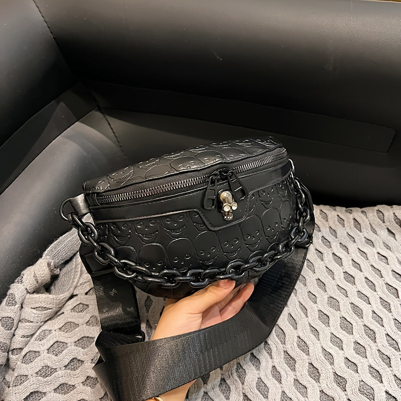 [Skull Crossbody Bag] Skull Embossed Women's Black Crossbody Bag | Versatile Shoulder & Waist Purse with Zipper Closure, Polyester Lining | Perfect for Halloween or Everyday Use, Halloween Accessories