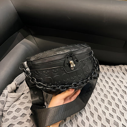 [Skull Crossbody Bag] Skull Embossed Women's Black Crossbody Bag | Versatile Shoulder & Waist Purse with Zipper Closure, Polyester Lining | Perfect for Halloween or Everyday Use, Halloween Accessories
