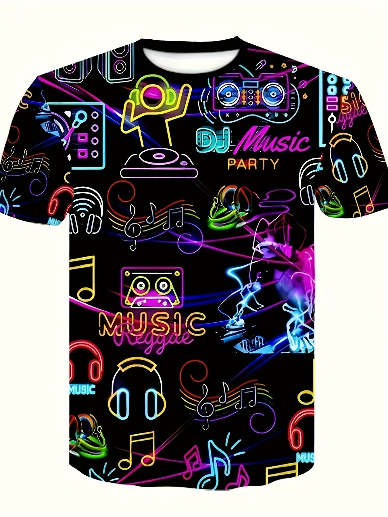 Men'S Retro Party Night T-Shirt - Vibrant Neon Music & DJ Design, Polyester, Short Sleeve Crew Neck - Machine Washable, All-Season Casual Tee with "PARTY NIGHT" Print, Ideal for Parties & Casual Attire, Summer Tee|Discothemed
