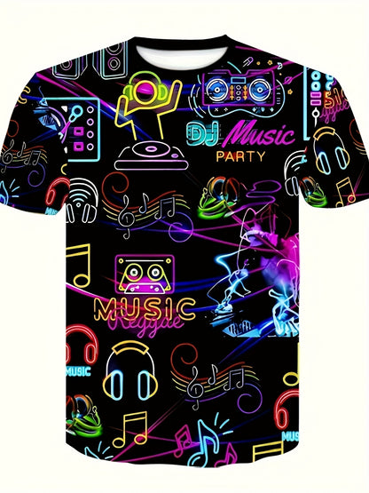 Men'S Retro Party Night T-Shirt - Vibrant Neon Music & DJ Design, Polyester, Short Sleeve Crew Neck - Machine Washable, All-Season Casual Tee with "PARTY NIGHT" Print, Ideal for Parties & Casual Attire, Summer Tee|Discothemed