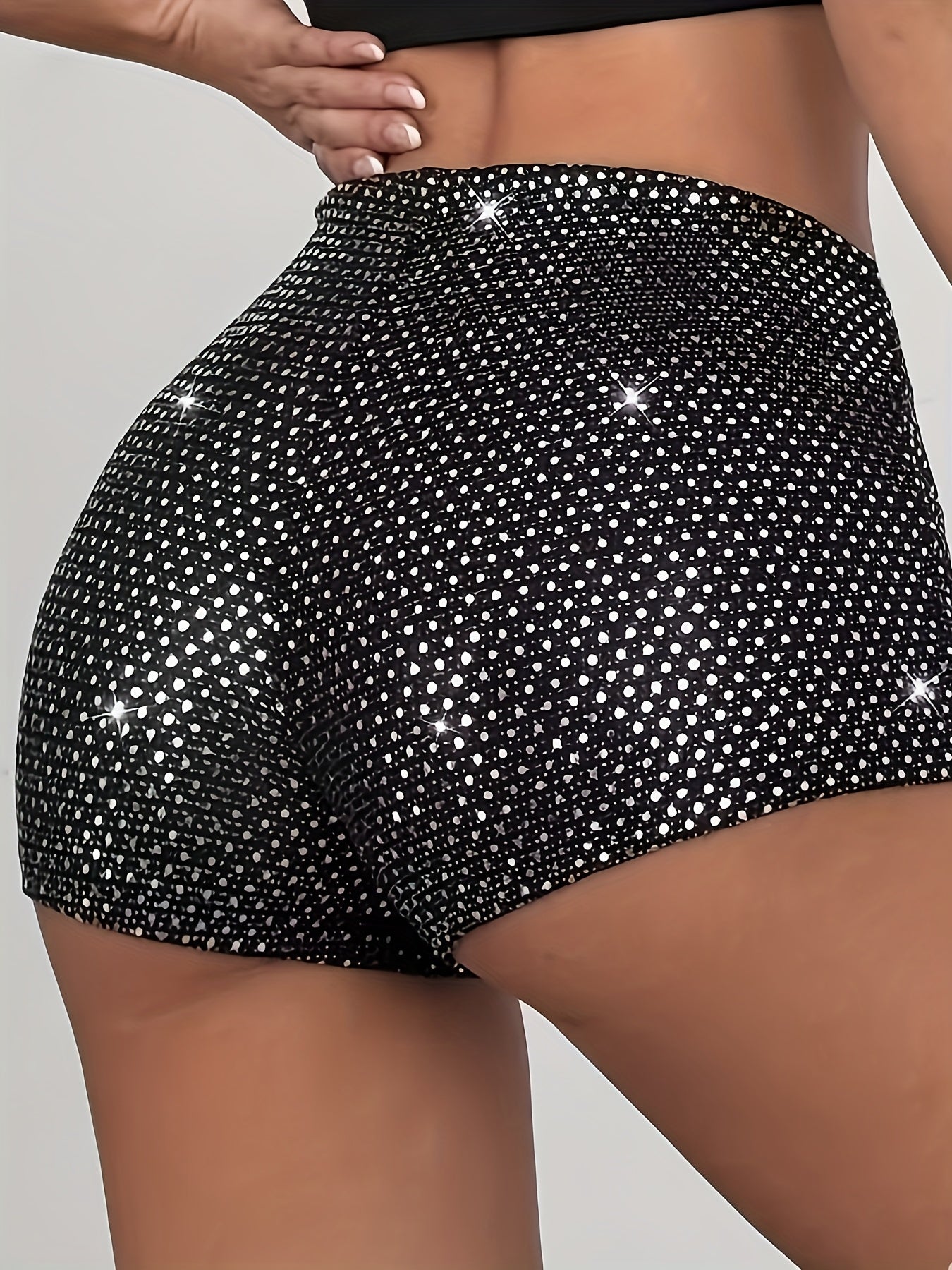 Women'S Elegant Polka Dot Sequin Shorts - Stretchy, Glittery Black & White High-Waisted Mini Skort with Side Pockets, Perfect for Spring/Summer/Fall Parties, Party Wear, Highwaisted Design, Side Pocket Detail