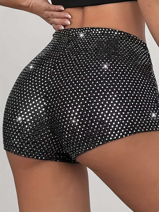 Women'S Elegant Polka Dot Sequin Shorts - Stretchy, Glittery Black & White High-Waisted Mini Skort with Side Pockets, Perfect for Spring/Summer/Fall Parties, Party Wear, Highwaisted Design, Side Pocket Detail