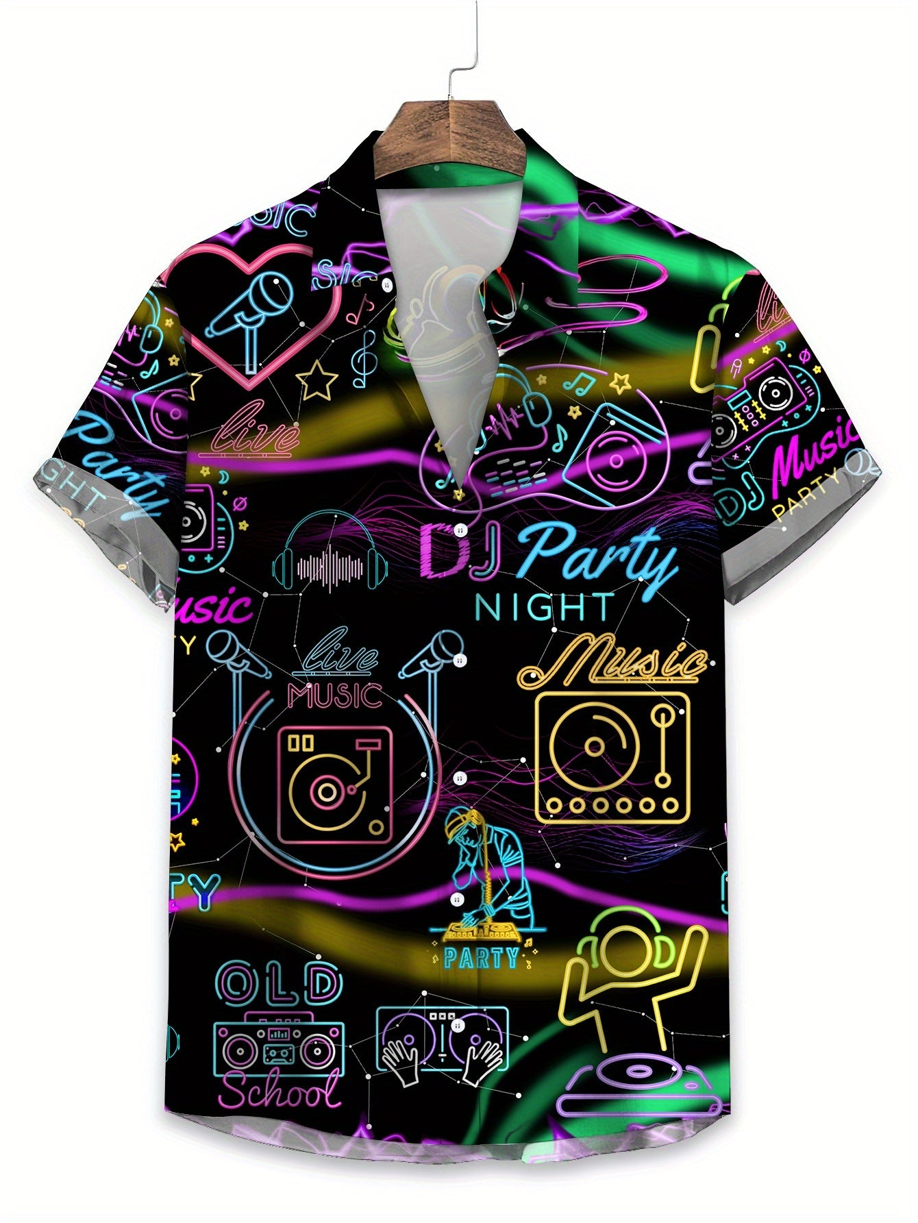 Men's Casual Short Sleeve Hawaiian Shirt - Neon Music Party Graphic T-Shirt with DJ Turntable & Music Note Print, Vibrant Polyester Fabric for Summer Vacation, Club Nights & Casual Outings, Hawaiian Theme Party, Retro Graphic
