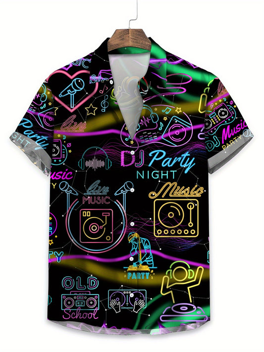 Men's Casual Short Sleeve Hawaiian Shirt - Neon Music Party Graphic T-Shirt with DJ Turntable & Music Note Print, Vibrant Polyester Fabric for Summer Vacation, Club Nights & Casual Outings, Hawaiian Theme Party, Retro Graphic