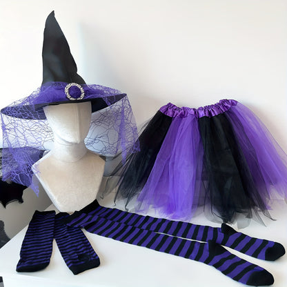 4pcs Halloween Witch Costume Set for Women Ladies Gothic Cosplay Witch Hat Striped Knee High High Over Knee Witch Stockings Arm Warmers Tutu Skirt Set for Women Halloween Witch Cosplay Party Favor Cosplay Costume Accessories