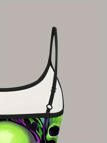 Women's Gothic Skull Print Cami Top - Vibrant Neon Green & Purple Design, Sleeveless Spaghetti Strap, Machine Washable, Edgy Summer Fashion for Bold Style, Trendy Casual Wear, Mysterious Aesthetic, Nontransparent Fabric