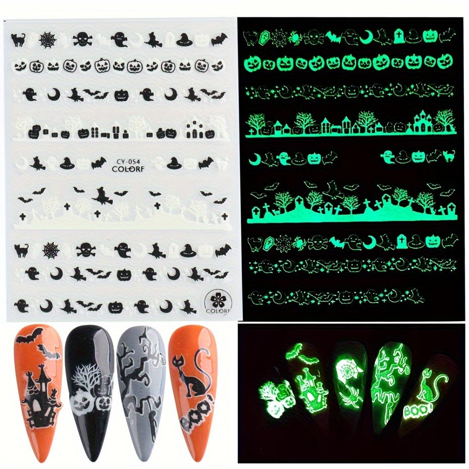 6pcs Glow-In-The-Dark Halloween Nail Art Stickers - Self-Adhesive, Reusable Decals With Skulls, Ghosts, Pumpkins & Spiders For Festive Manicure