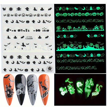 6pcs Glow-In-The-Dark Halloween Nail Art Stickers - Self-Adhesive, Reusable Decals With Skulls, Ghosts, Pumpkins & Spiders For Festive Manicure