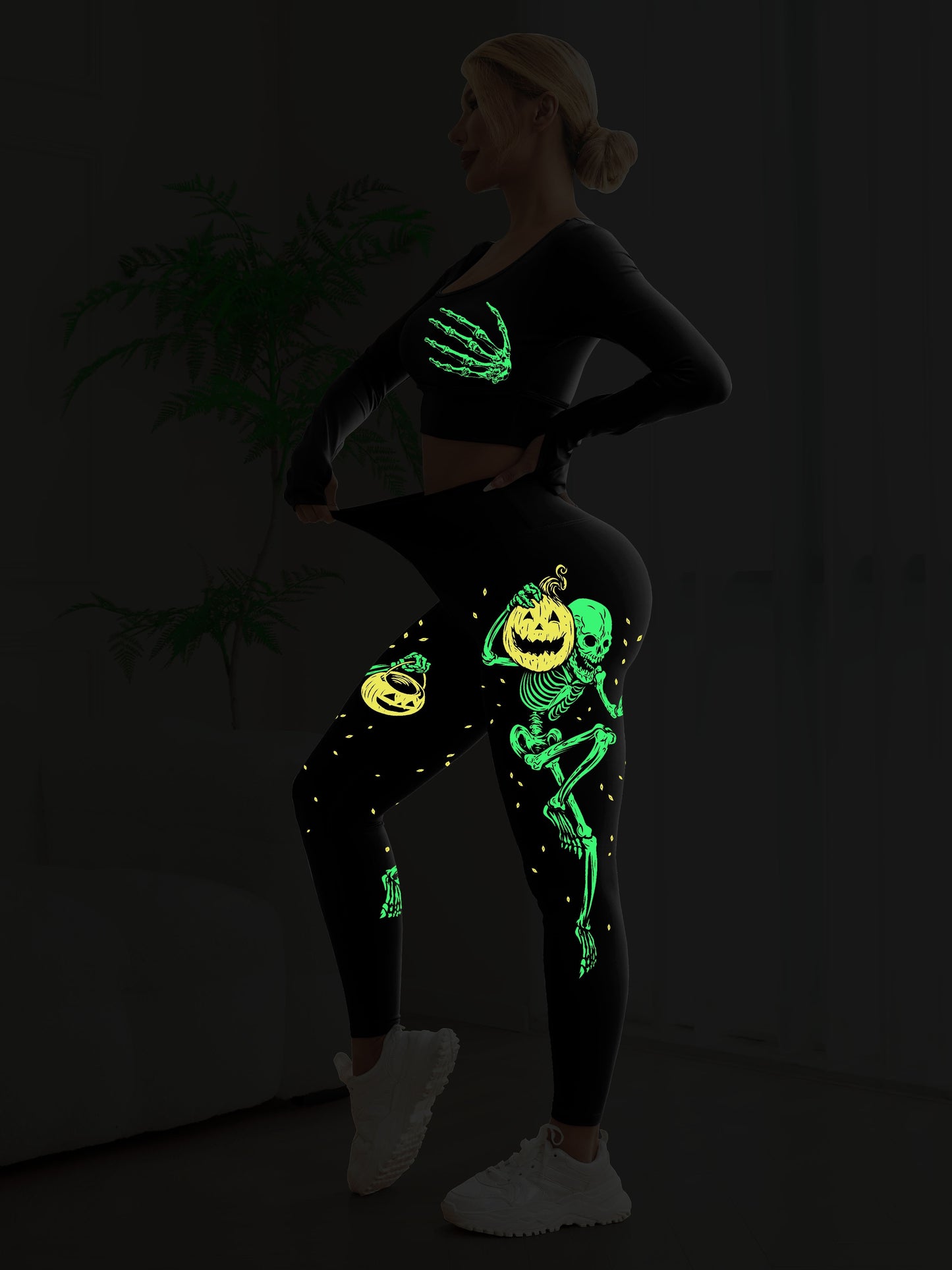 Women's High-Waist Yoga 2pcs Set, Halloween Skull Pumpkin Glow-in-the-Dark U-Neck Bra and Long Sleeve Top, High-Waist Stretchy Black Leggings with Printed Skeleton & Fluorescent Pumpkin Design, Women's Casual Sportswear Pants
