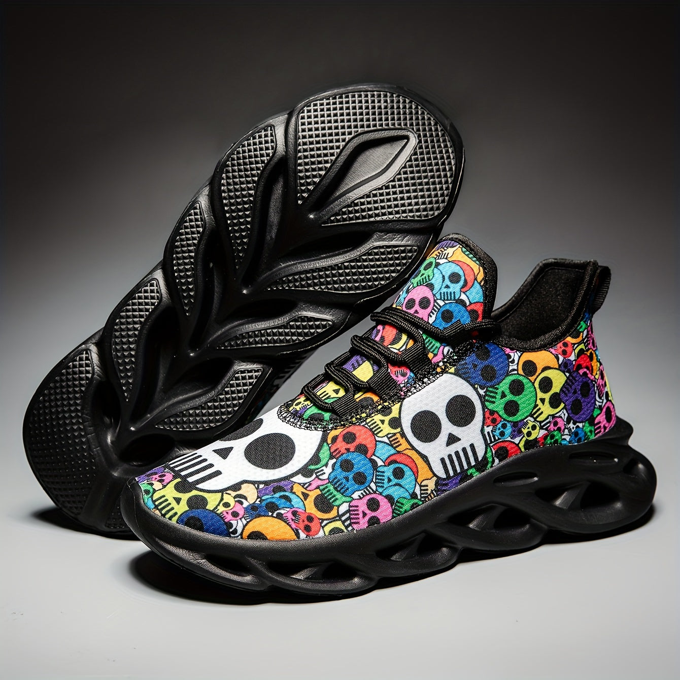 Stylish Skull Print Sneakers - Ultra-Breathable, Shock-Absorbing, Lightweight Running Shoes with EVA Insole for All-Season Comfort - Halloween-Inspired, Casual, Lace-up Athletic Footwear for Men
