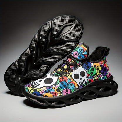 Stylish Skull Print Sneakers - Ultra-Breathable, Shock-Absorbing, Lightweight Running Shoes with EVA Insole for All-Season Comfort - Halloween-Inspired, Casual, Lace-up Athletic Footwear for Men