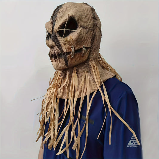 Halloween Horror Skeleton Mask - Brown Burlap-Style Headgear with Glowing Red Eyes & Sharp Teeth for Costume Parties, Bar Decor, Stage Performances & Photo Props, Halloween Costumes, Costume Accessory, Fluffy Headgear
