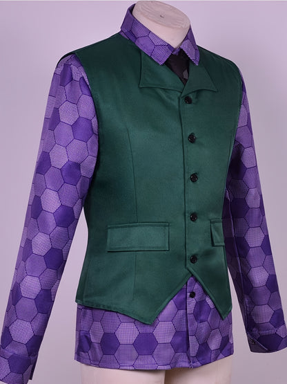 Halloween Men'S Fashion Purple Clown Six-Piece Set, Complete with Meticulously Crafted Scary Party Clown Outfit Including Long Coat, Shirt, Vest, Trousers, Tie, And Gloves.