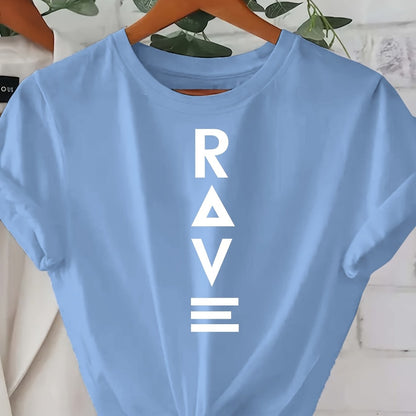 Women's Casual Short Sleeve T-Shirt - Black with Vertical White RAVE Print, Relaxed Fit Round Neck, Machine Washable All-Season Comfort Top, Rave Clothing, Classic Round Neck, Nontransparent Fabric