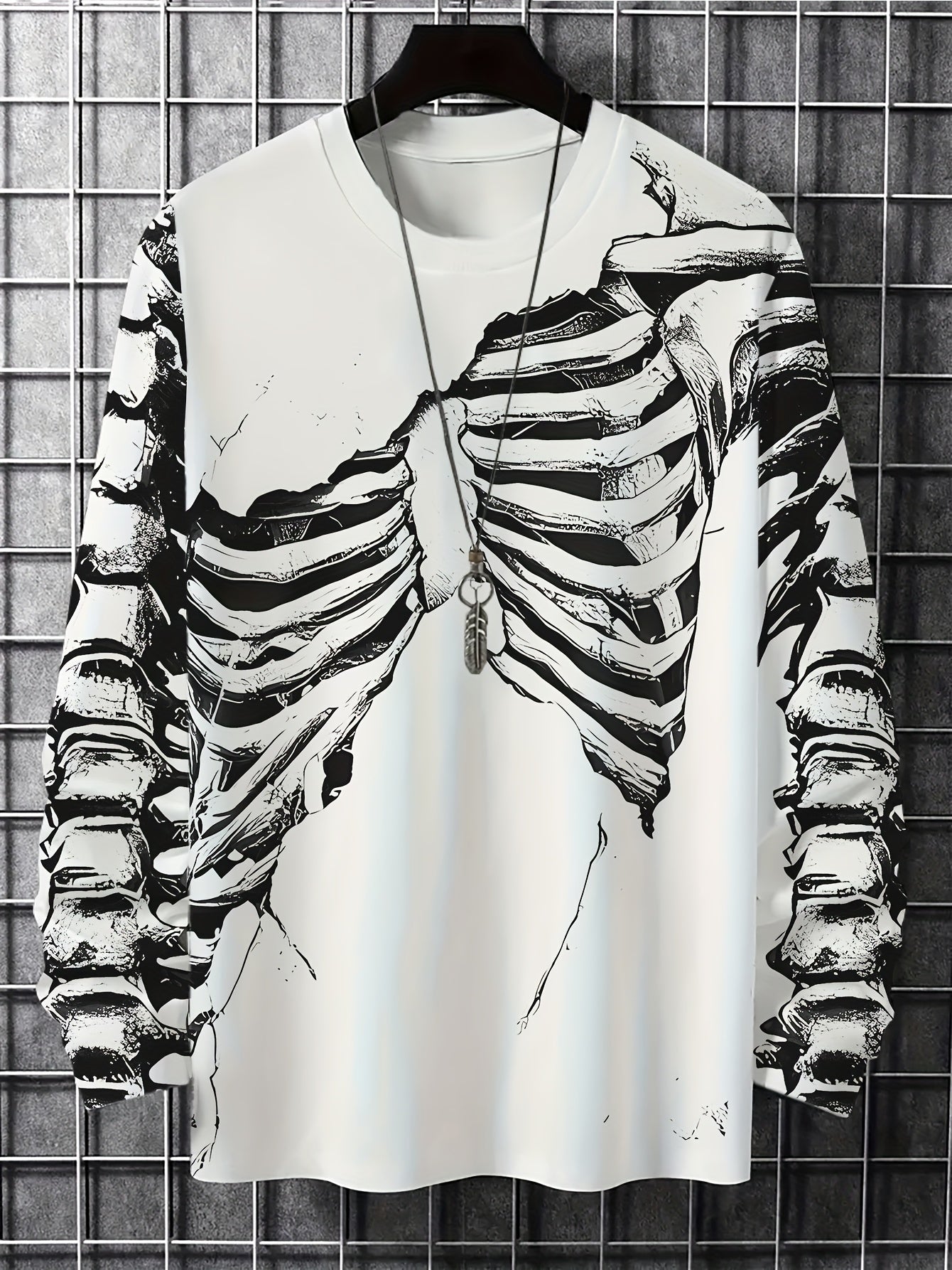 [Stretchy Skeleton Tee] Stretchy Polyester Blend Men's Casual Long Sleeve T-Shirt with Skeleton Ribcage Design | White, Round Neck, All-Season Comfort Fit, Bold Graphic Tee