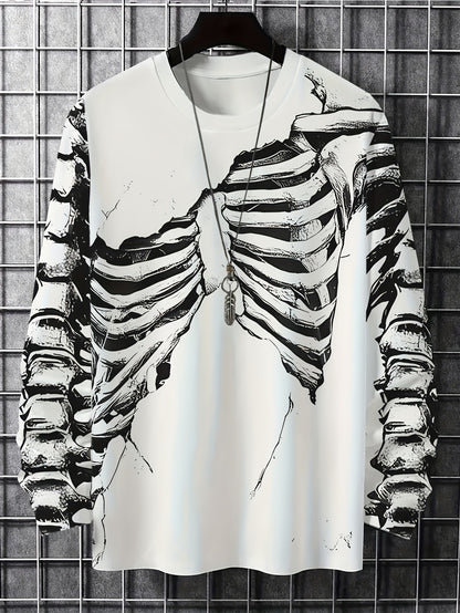 [Stretchy Skeleton Tee] Stretchy Polyester Blend Men's Casual Long Sleeve T-Shirt with Skeleton Ribcage Design | White, Round Neck, All-Season Comfort Fit, Bold Graphic Tee