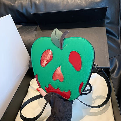 [Halloween] Women's Halloween Skeleton Apple Crossbody Bag - Adjustable Strap, Zipper Closure, Polyester Lining, Green & Red Contrast Design, Perfect For Halloween Accessories, Halloween Accessories Bag | Skeleton Apple Print