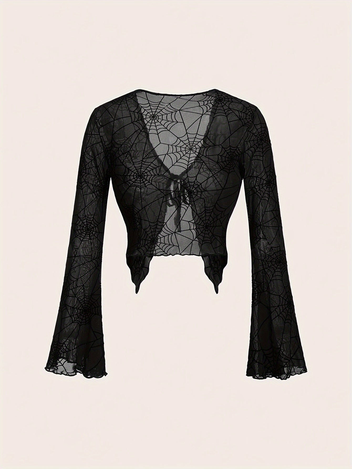 [Gothic Spider Web T-Shirt] Gothic Style Women's Long Sleeve T-Shirt | Halloween Theme, Elegant Party, Role Play Costume, Festival Attire | Spider Web Pattern V-Neck Top with Front Tie Design, Four Seasons Suitable, Air Condi