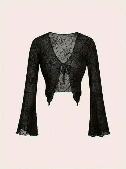[Gothic Spider Web T-Shirt] Gothic Style Women's Long Sleeve T-Shirt | Halloween Theme, Elegant Party, Role Play Costume, Festival Attire | Spider Web Pattern V-Neck Top with Front Tie Design, Four Seasons Suitable, Air Condi