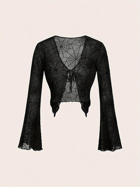 [Gothic Spider Web T-Shirt] Gothic Style Women's Long Sleeve T-Shirt | Halloween Theme, Elegant Party, Role Play Costume, Festival Attire | Spider Web Pattern V-Neck Top with Front Tie Design, Four Seasons Suitable, Air Condi