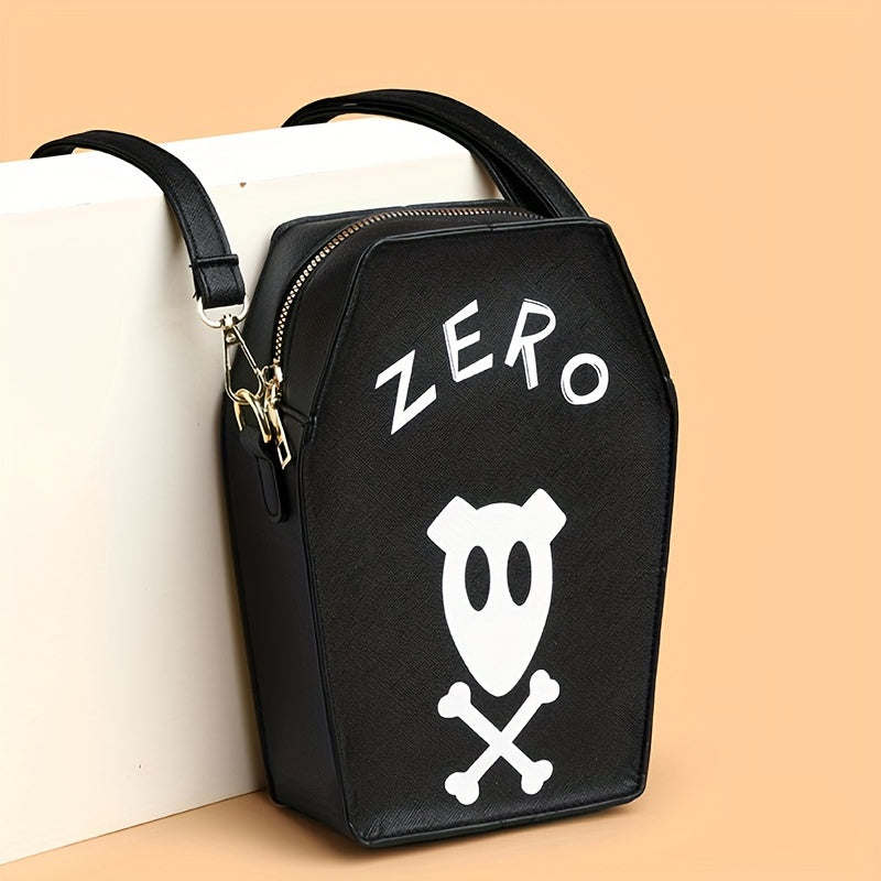1pc Halloween Coffin-Shaped Fashion Shoulder Bag for Women, Sexy Gothic Faux Leather Crossbody Purse with "Never Trust The Living" Print, Zip Closure, Polyester Lining, and Edge Detailing