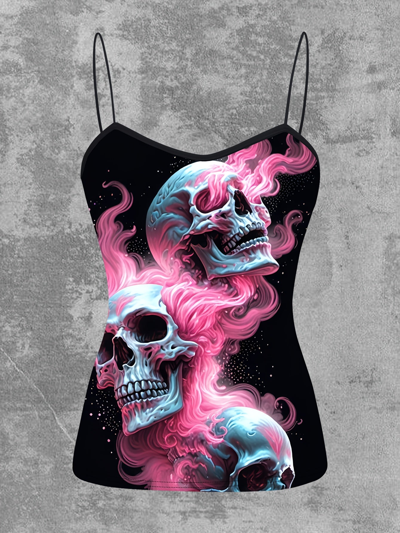 Women's Gothic Pink Flame Skull Graphic Cami Top - Elegant Sleeveless Spaghetti Strap Shirt, Machine Washable, Stretch Fabric, Perfect for Spring/Summer/Fall, Casual Wear | Edgy Chic | Medium Stretch