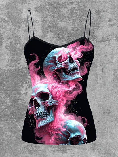 Women's Gothic Pink Flame Skull Graphic Cami Top - Elegant Sleeveless Spaghetti Strap Shirt, Machine Washable, Stretch Fabric, Perfect for Spring/Summer/Fall, Casual Wear | Edgy Chic | Medium Stretch