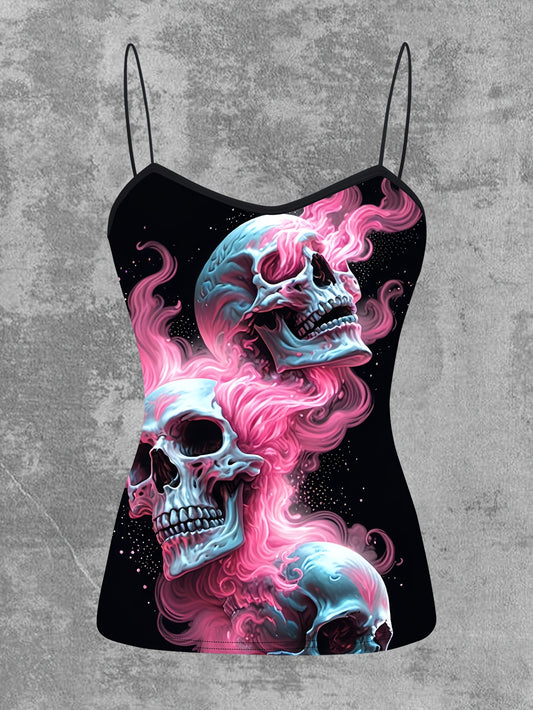 Women's Gothic Pink Flame Skull Graphic Cami Top - Elegant Sleeveless Spaghetti Strap Shirt, Machine Washable, Stretch Fabric, Perfect for Spring/Summer/Fall, Casual Wear | Edgy Chic | Medium Stretch