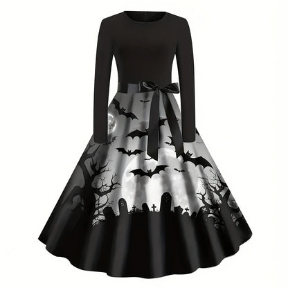 [Halloween, Festive Wear] Women's Vintage Halloween Party Dress - Long Sleeve A-Line Costume with flared Shirt, Machine Washable Non-See-Through Fabric, Elegant Gothic Halloween Outfit for Halloween Parties, Haunted Houses, T
