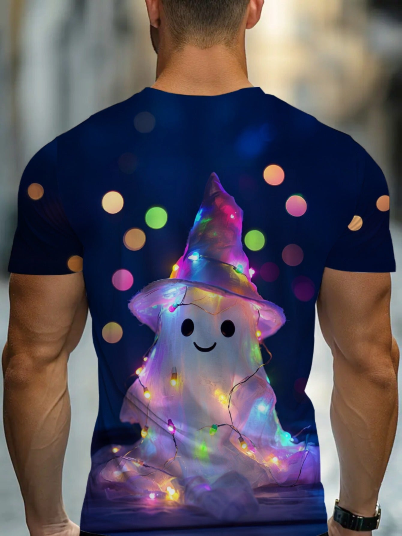 Men's Halloween T-Shirt - Navy Blue Costume Party Shirt with Cute Wizard Hat, Soft Breathable Fabric for Halloween Costumes, Themed Events & Casual Attire - Machine Washable Spooky Apparel Gift for Adults, Halloween Clothes,