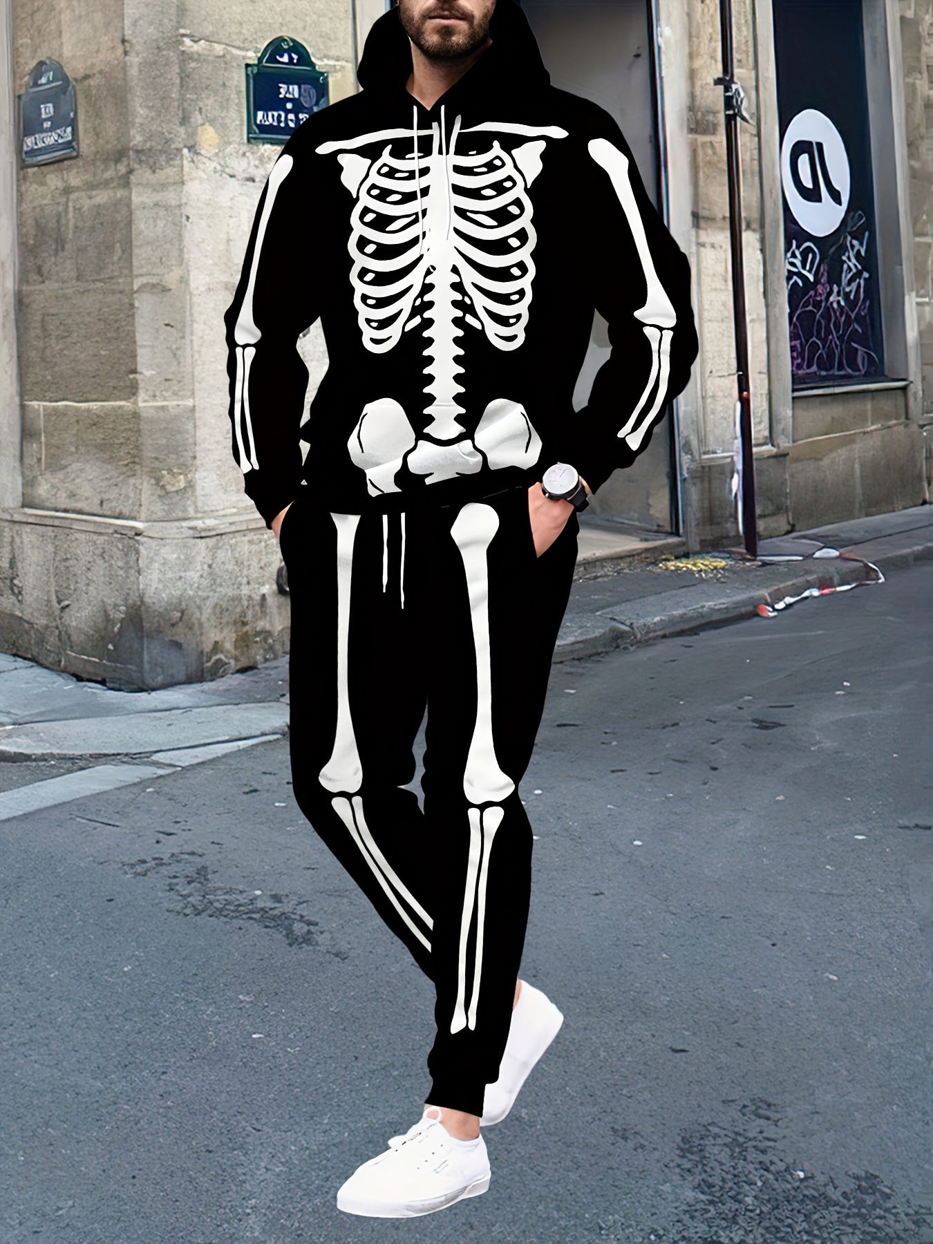 Kebisi Men's 2pcs Halloween Skull Print Casual Hoodie and Sweatpants Autumn and Winter Comfortable Streetwear as a Gift