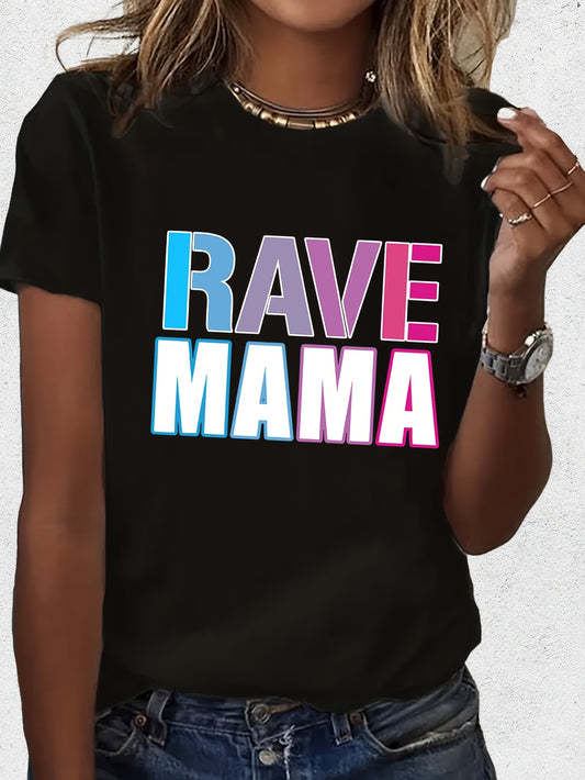 Women'S "Rave Mama" Graphic Tee - Black Casual Summer T-Shirt with Colorful Lettering, Short Sleeve, Round Neck, Lightweight Polyester Blend, Perfect for Festivals & Casual Attire, Festival Clothing | Playful Design | Comfort