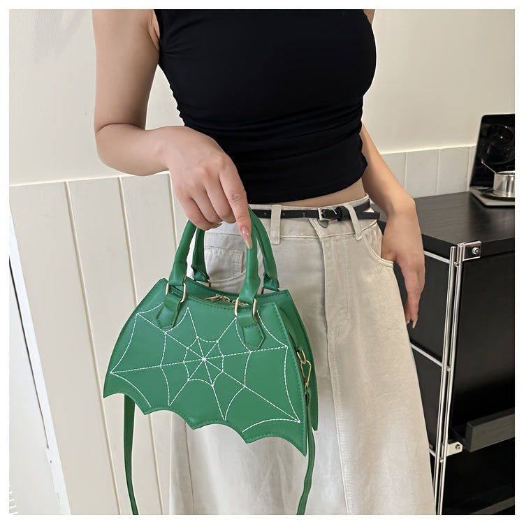 Halloween Women'S Bat Wing Spider Web Handbag - Lightweight Synthetic Faux Leather Tote with Geometric Spider Web Design, Zipper Closure & Detachable Strap, Gothic Style for Daily Use or Party Outfits, Durable Polyester Linin