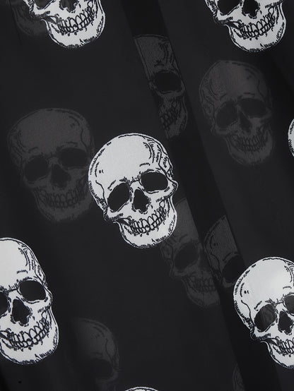 Women'S Elegant Halloween Skull Print Shirt, 100% Polyester Linen Blend, All-Season Lapel Collar, Woven Fabric, 180gsm - Adult Fashion Top