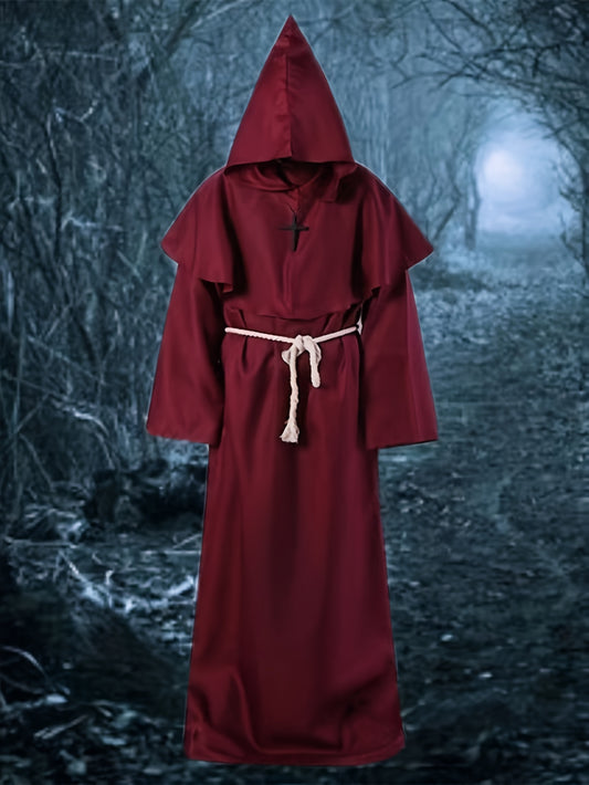 Medieval Monk Robe Costume - Wizard & Pastor Hooded Outfit with Drawstring, Polyester, Perfect for Halloween & Stage Performances