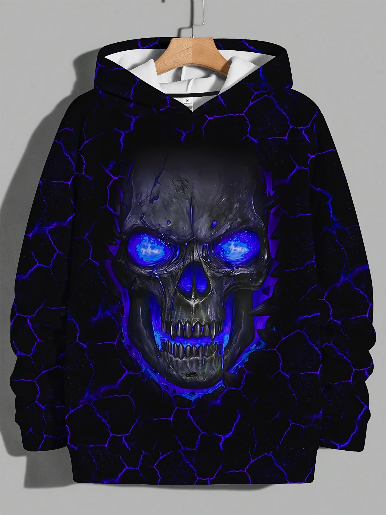 Men's 3D Skull Print Hoodie - Edgy Blue Glowing Eyes Design, Long Sleeve, Casual & Sporty, Polyester Blend, Machine Washable for Fall/Winter, Skull Hoodie