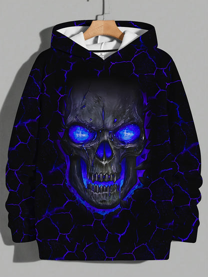 Men's 3D Skull Print Hoodie - Edgy Blue Glowing Eyes Design, Long Sleeve, Casual & Sporty, Polyester Blend, Machine Washable for Fall/Winter, Skull Hoodie