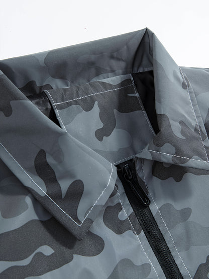 Men's Reflective Camo Soft Shell Jacket - Lightweight Polyester, Zip-Up Design with Flap Pockets, Gray Camouflage Pattern for Outdoor Activities, Running, Training, Hiking & Cycling - Perfect for Casual Wear
