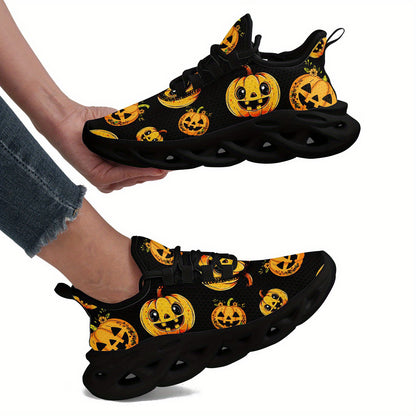 Men'S Halloween Pumpkin Print Casual Sneakers - White Low-Top Lace-Up Trainers with Orange & Black Jack-O'-Lantern Design, Comfortable EVA Sole for Daily Wear & Halloween, PLUS SIZE, Halloween Shoes, Trendy Streetwear, Durabl