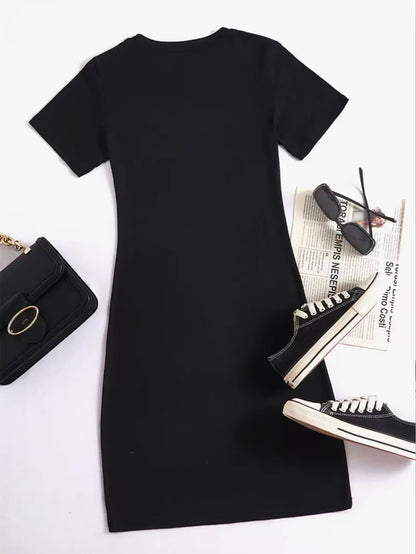 1pc Women'S Elegant "TECHNO" Print T-Shirt Dress - Short Sleeve, Solid Black, Stretchy Polyester, Loose Fit, Machine Washable, Perfect for Spring & Summer Casual Wear, Everyday Elegance | Minimalist Dress | Medium Stretch Com