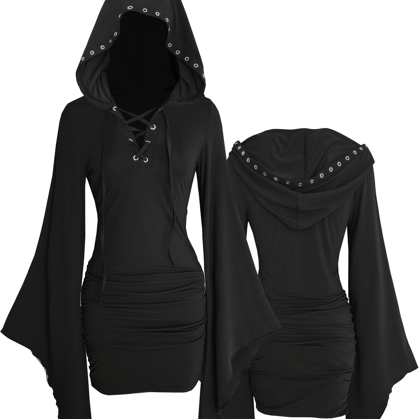 Gothic Women'S Hooded Batwing Sleeve Bodycon Dress with Punk Metal Decorative Hat - V-Neck, Long Sleeve, Knee-Length Halloween Costume for Adults, Black, Halloween Attire | Edgy Fashion | Glossy Finish, Halloween Costumes