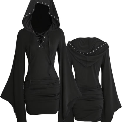 Gothic Women'S Hooded Batwing Sleeve Bodycon Dress with Punk Metal Decorative Hat - V-Neck, Long Sleeve, Knee-Length Halloween Costume for Adults, Black, Halloween Attire | Edgy Fashion | Glossy Finish, Halloween Costumes