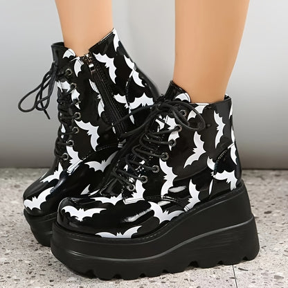 Women's Gothic Punk Chunky platform boots with metal eyelets & zip closure - Gothic rock style round-toe winter boots with thick PU sole, mid-heel lift, and chain-like straps - Heavy-duty synthetic Cover-like material for con